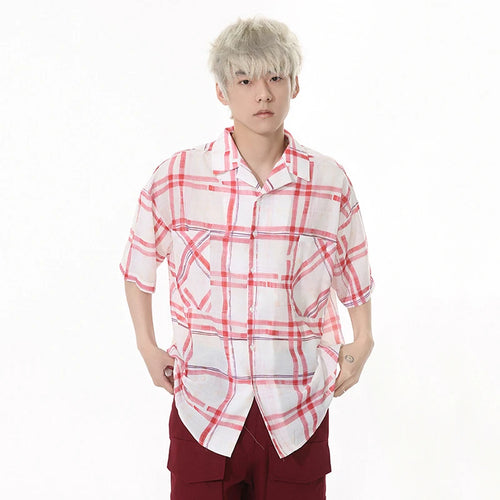 Load image into Gallery viewer, Summer Men's Shirt Lapel Irregular Plaid Contrast Color Design Single Breasted Loose Short Sleeved Niche Male Tops 9W1257
