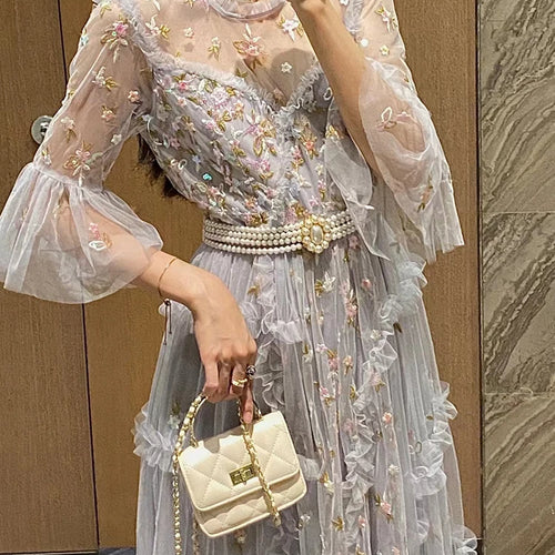 Load image into Gallery viewer, Embroidery Sheer Mesh Dresses For Women Round Neck Short Sleeve High Waist Floral Plrated Dress Female Fashion Clothing New

