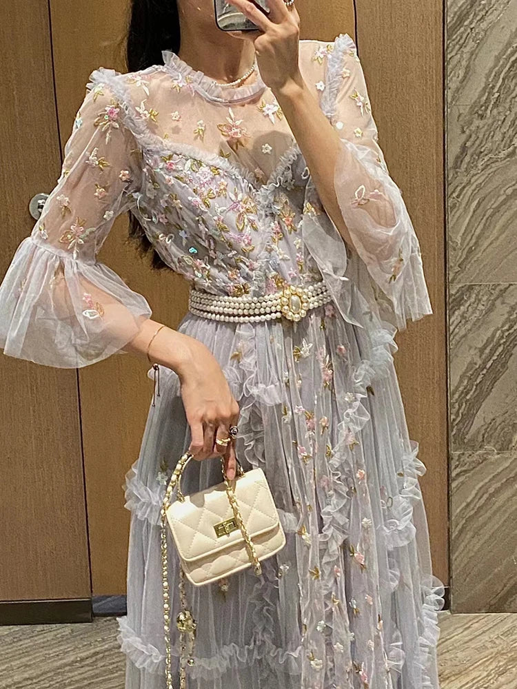 Embroidery Sheer Mesh Dresses For Women Round Neck Short Sleeve High Waist Floral Plrated Dress Female Fashion Clothing New