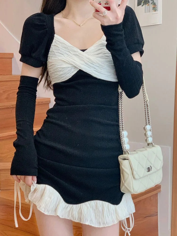 Korean Black Sexy Mini Dress Women Office Ladies Wrap Bodycon Slim Short Dresses Puff Sleeve Sheath Outfits Fashion