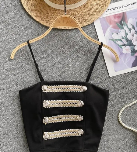 French Style Vintage Black Double Breasted Suspender Women's Summer Sexy Club Slim White Short Slip Top Fashion Versatile Simple