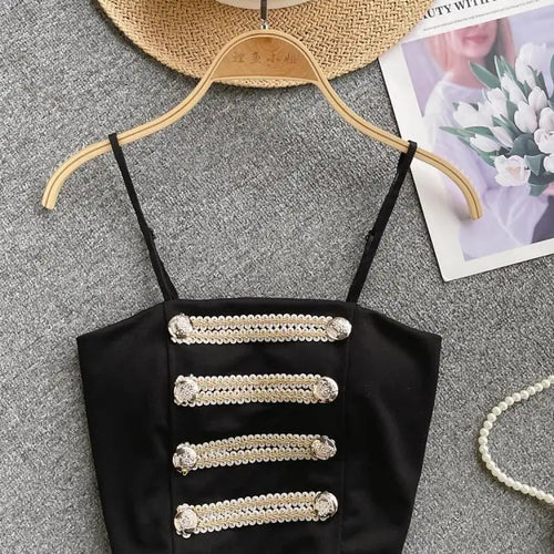 Load image into Gallery viewer, French Style Vintage Black Double Breasted Suspender Women's Summer Sexy Club Slim White Short Slip Top Fashion Versatile Simple
