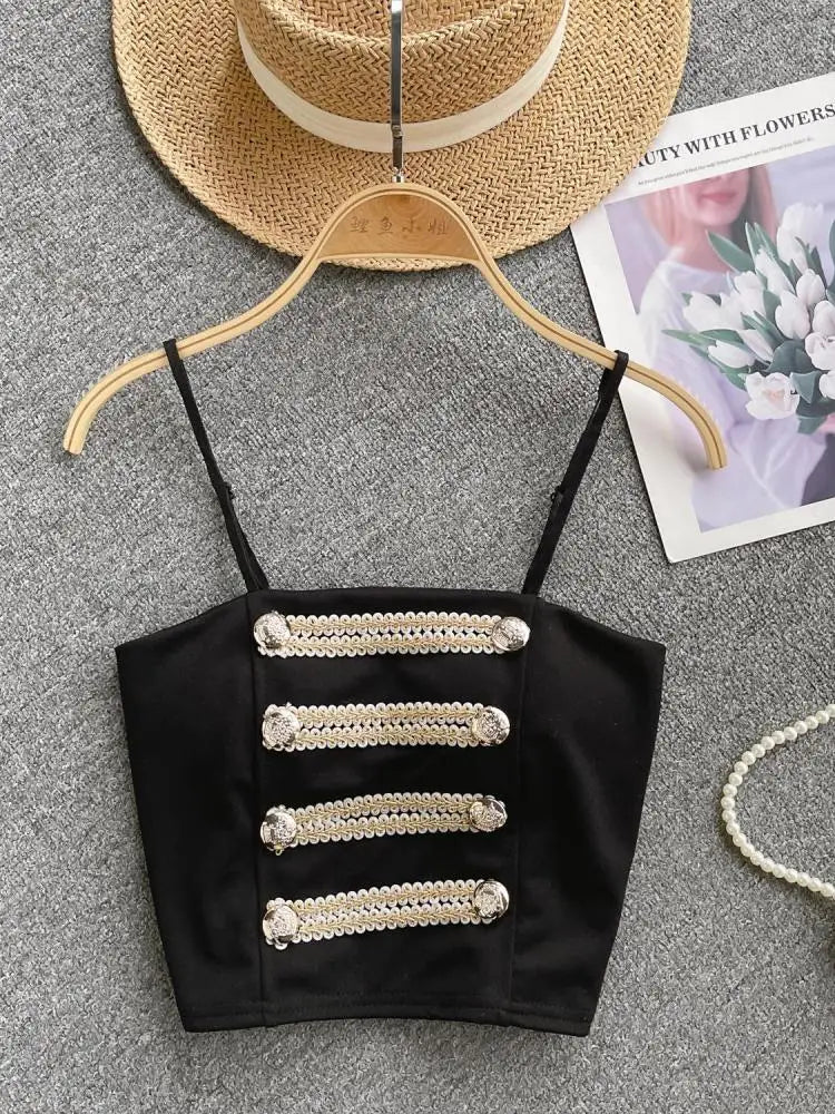 French Style Vintage Black Double Breasted Suspender Women's Summer Sexy Club Slim White Short Slip Top Fashion Versatile Simple