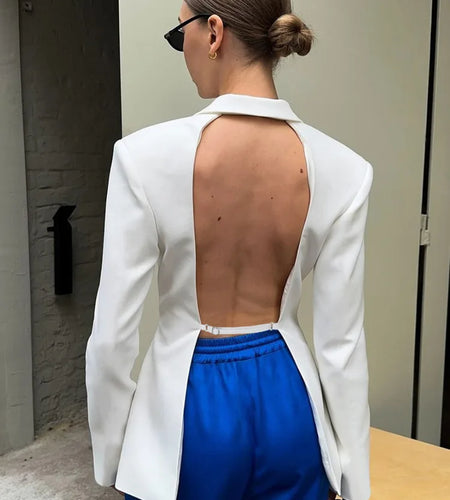 Autumn Long Sleeve Blazer Women Fashion Notched Collar Backless Pocket Suit Jacket Ladies Winter Elegant Blazers