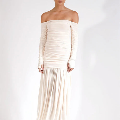 Load image into Gallery viewer, Off-shoulder Strapless Sexy Maxi Dress Women Summer New Patchwork Backless Long Sleeve Pleated Long Dress Elegant
