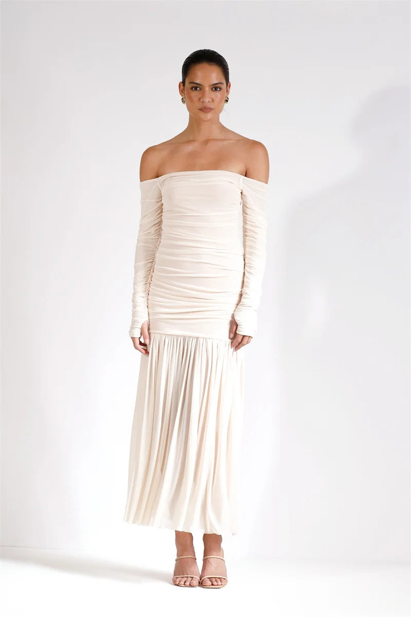 Off-shoulder Strapless Sexy Maxi Dress Women Summer New Patchwork Backless Long Sleeve Pleated Long Dress Elegant