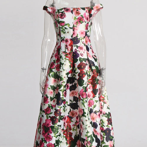 Load image into Gallery viewer, Hit Color Floral Printing Elegant Dresses For Women Slash Neck Off Shoulder Sleeveless High Waist Vintage Party Dress Female
