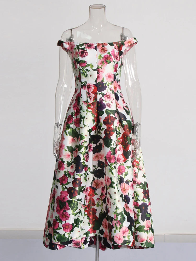 Hit Color Floral Printing Elegant Dresses For Women Slash Neck Off Shoulder Sleeveless High Waist Vintage Party Dress Female