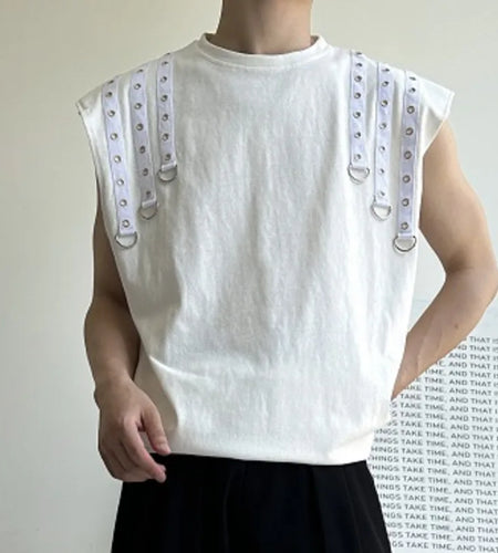 Summer Men's T-shirts Double Riveted Webbing O-neck Sleeveless Casual Male Tops Loose Clothing Fashion 9C6353