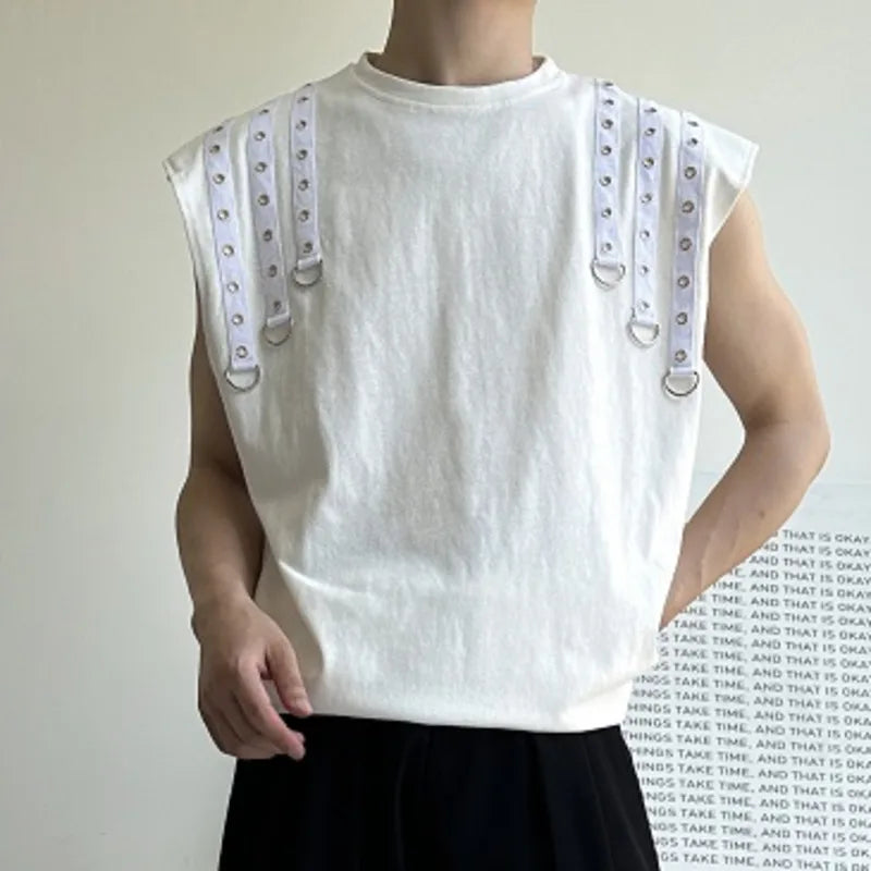 Summer Men's T-shirts Double Riveted Webbing O-neck Sleeveless Casual Male Tops Loose Clothing Fashion 9C6353