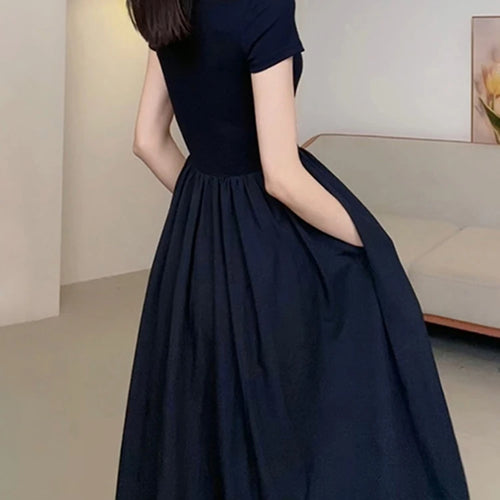 Load image into Gallery viewer, Black Slim Summer Women Dresses Solid Color Ruffles Short Sleeve Simple Female Dress French Style Sweet Evening Dress
