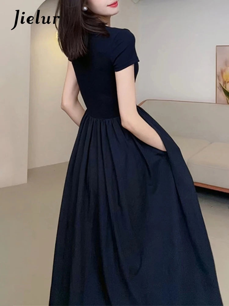 Black Slim Summer Women Dresses Solid Color Ruffles Short Sleeve Simple Female Dress French Style Sweet Evening Dress