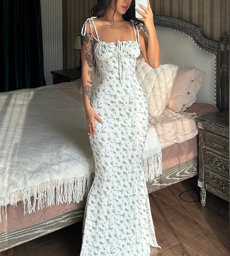 Floral Print Sleeveless Backless Slips Lace Up Maxi Dress Sexy Bodycon Summer Elegant Outfits Holiday Party Wholesale