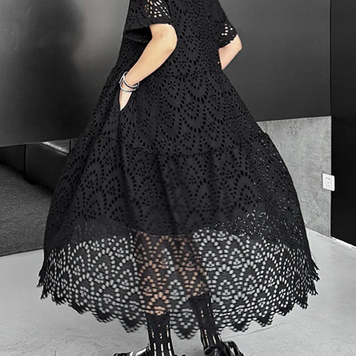 Load image into Gallery viewer, Women Black Lace Hollow Out Big Size Midi Shirt Dress New Lapel Short Sleeve Fashion Tide Spring Summer 2025 1DJ1166
