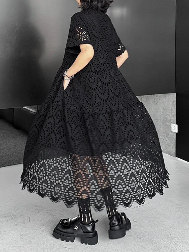 Women Black Lace Hollow Out Big Size Midi Shirt Dress New Lapel Short Sleeve Fashion Tide Spring Summer 2025 1DJ1166