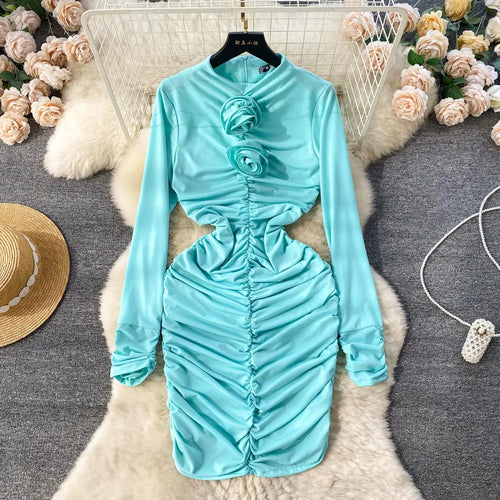 Load image into Gallery viewer, Retro Blue Bodycon Pleated Dress Women Long Sleeved Gray Dresses Women Autumn Black Sexy Club Dress Festival Night Party Dresses
