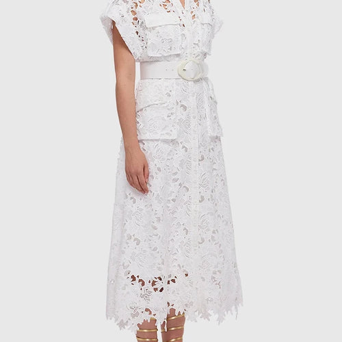 Load image into Gallery viewer, Solid Embroidery Patchwork Belt Elegant Dress Lapel Short Sleeve High Waist Spliced Pockets Hollow Out Dress Female Fashion
