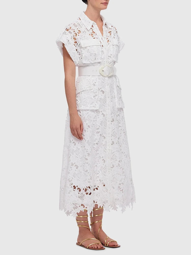 Solid Embroidery Patchwork Belt Elegant Dress Lapel Short Sleeve High Waist Spliced Pockets Hollow Out Dress Female Fashion