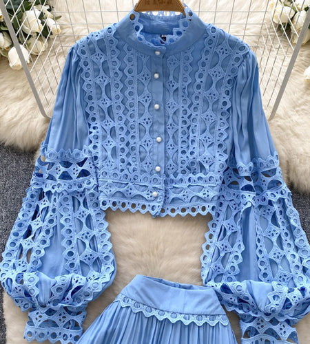 Spring French Vintage Women's Blue Lace Hollow Out Elegant Long Sleeved Tops And High Waist Pleated Long Skirt Two-piece Set New