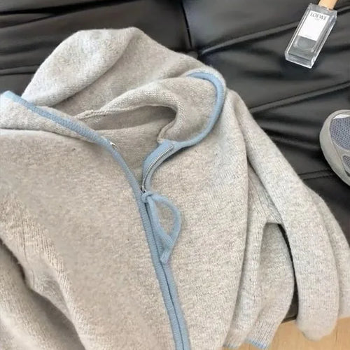 Load image into Gallery viewer, Korean Style Women Grey Blue Patchwork Elegant Long Sleeve Office Knitted Tops Autumn Winter Hooded Zipper Sweater 2024 Popular
