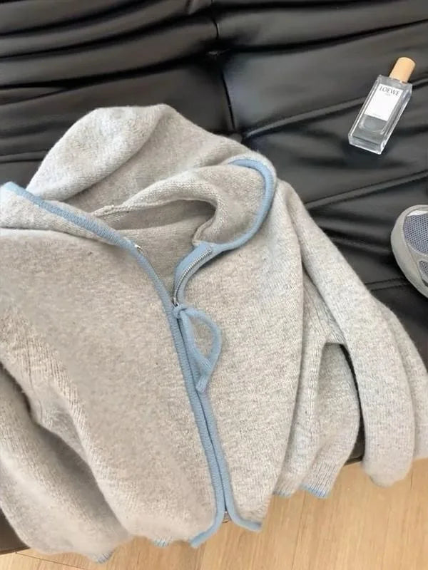 Korean Style Women Grey Blue Patchwork Elegant Long Sleeve Office Knitted Tops Autumn Winter Hooded Zipper Sweater 2024 Popular