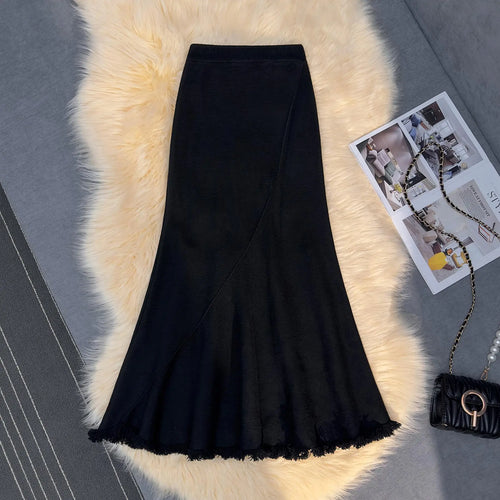 Load image into Gallery viewer, Korean Version Black Beige Tassel Elegant Knit Pleated Long Skirt Women Autumn Winter Pink High Waist Wrap Hip Fishtail Skirts
