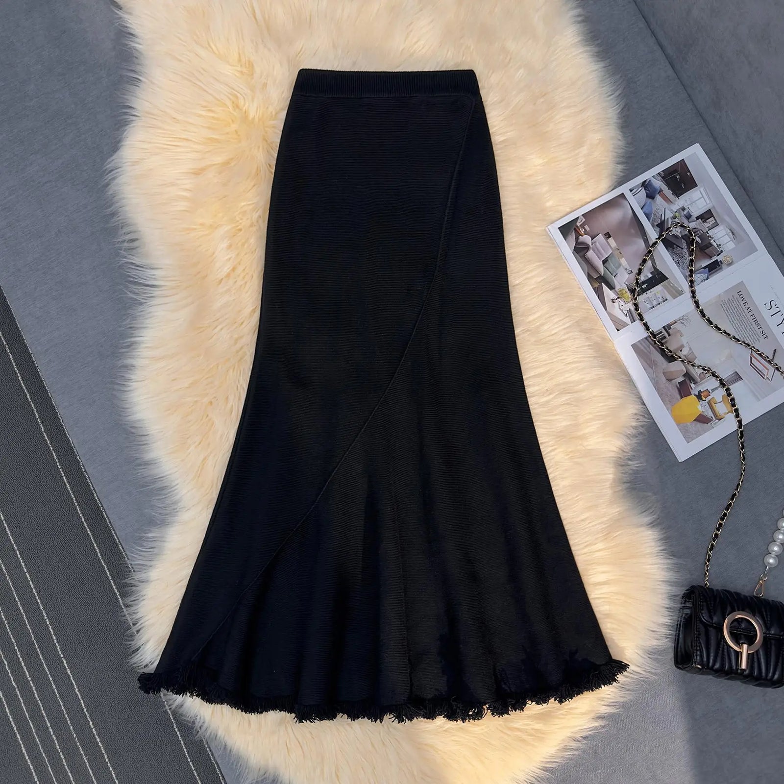 Korean Version Black Beige Tassel Elegant Knit Pleated Long Skirt Women Autumn Winter Pink High Waist Wrap Hip Fishtail Skirts