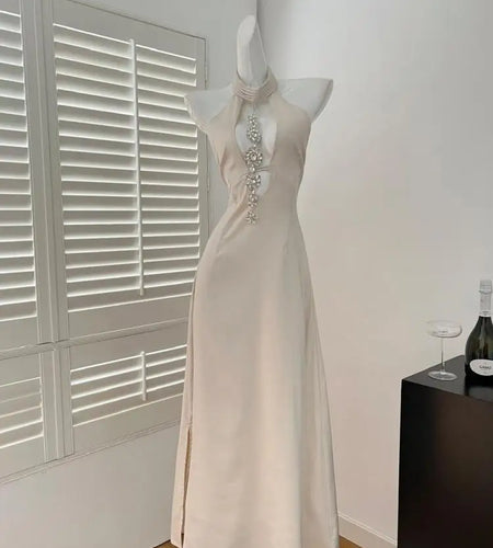 Women Beige Off Shoulder Hollow Out Backless Halter Lace-up Long Dress Summer Sexy Club Elegant Sleeveless Party Evening Dresses