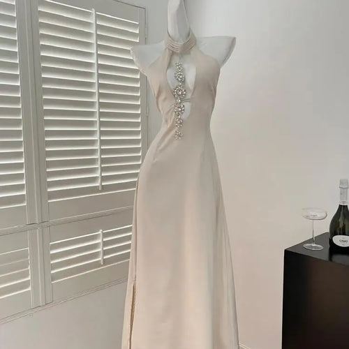 Load image into Gallery viewer, Women Beige Off Shoulder Hollow Out Backless Halter Lace-up Long Dress Summer Sexy Club Elegant Sleeveless Party Evening Dresses
