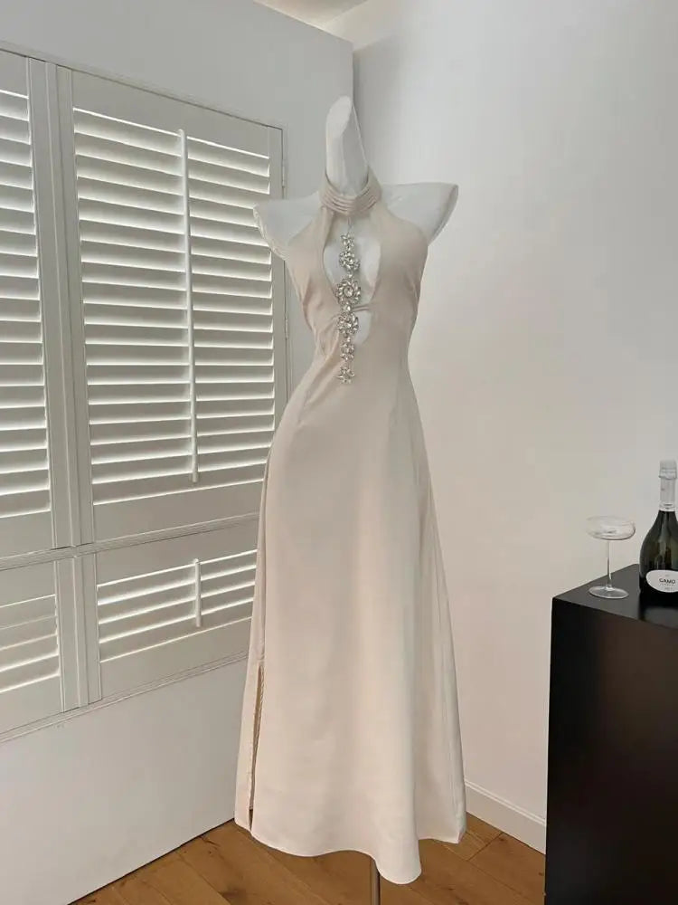 Women Beige Off Shoulder Hollow Out Backless Halter Lace-up Long Dress Summer Sexy Club Elegant Sleeveless Party Evening Dresses