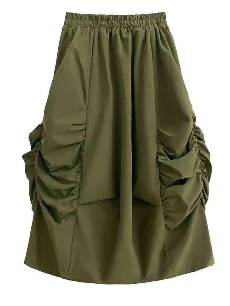 High Elastic Waist Army Green Pleated Irregular Midi Half-body Skirt Women Fashion Tide New Spring Autumn 2025 1DH7789