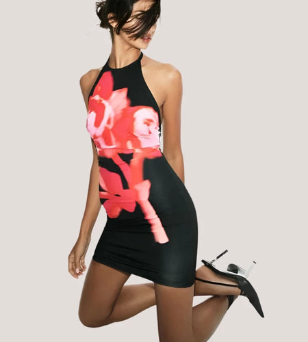 Abstract Floral Print Halterneck Mini Dress Women Clothing Fashion 2024 Kylie Jenner Outfits Sexy Club Dresses C96BE15