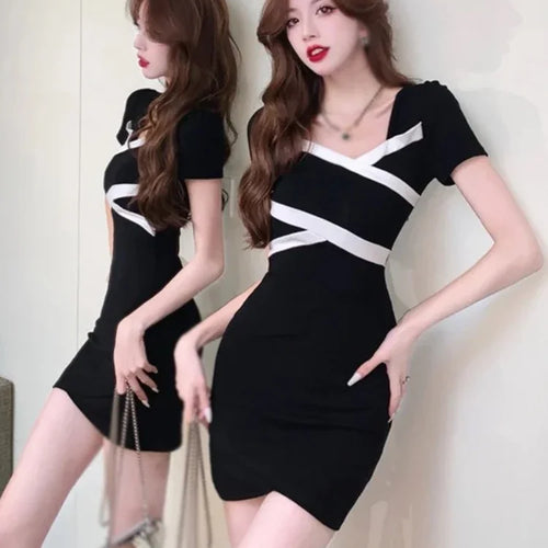 Load image into Gallery viewer, Vintage Sexy Black Bodycon Mini Dress Women Korean Style Kpop Streetwear Square Collar Short Dresses Summer Spring
