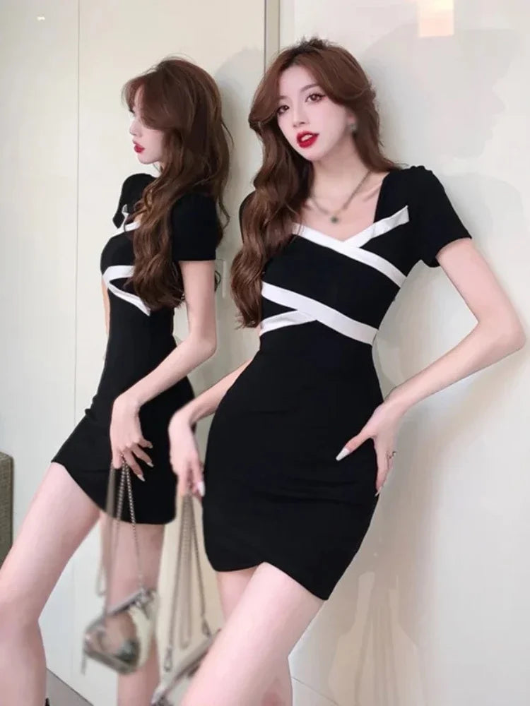 Vintage Sexy Black Bodycon Mini Dress Women Korean Style Kpop Streetwear Square Collar Short Dresses Summer Spring