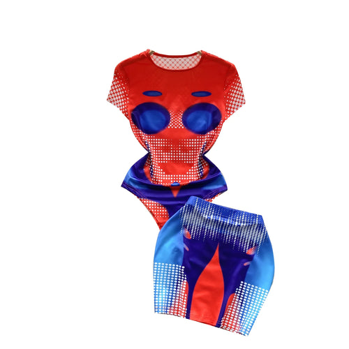 Load image into Gallery viewer, Women Fashion Red Blue Patchwork Print O Neck Short Sleeves Slim Bodysuits+ Elastic Waist Mini Skirts Y2k Retro Two Pieces Suits
