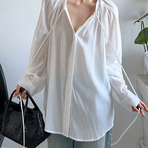 Load image into Gallery viewer, Women White Drawstring Thin Big Size Blouse New Round Neck Long Sleeve Shirt Fashion Tide Spring Autumn 2025 1DJ1398
