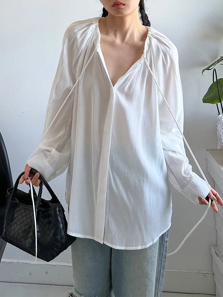 Women White Drawstring Thin Big Size Blouse New Round Neck Long Sleeve Shirt Fashion Tide Spring Autumn 2025 1DJ1398