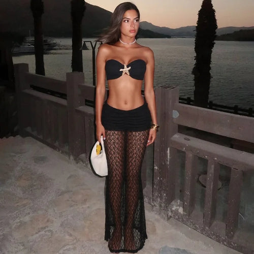 Load image into Gallery viewer, Strapless Sexy Tops And Skirt 2 Pieces Sets Wome Lace Sleeveless Crop Tops And See Through Long Skirt Two Pieces Sets
