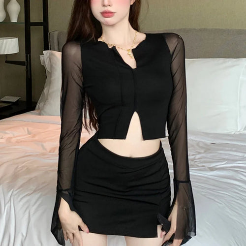 Load image into Gallery viewer, y2k Aesthetic Tops for Women Sexy Sheer See Through V Neck Long Sleeve Slit Hem Mesh T Shirt 2000s Clothing Streetwear
