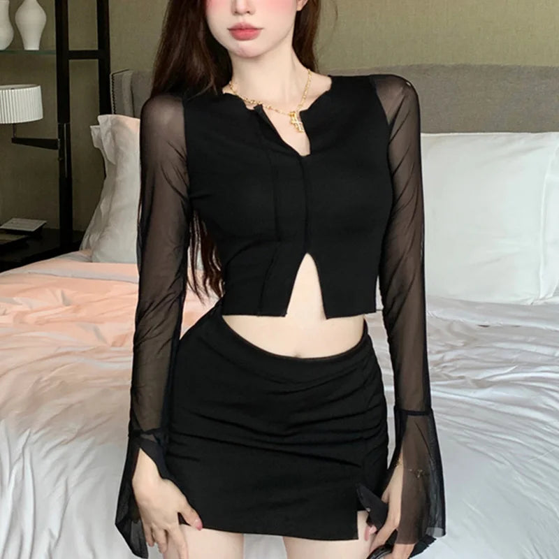 y2k Aesthetic Tops for Women Sexy Sheer See Through V Neck Long Sleeve Slit Hem Mesh T Shirt 2000s Clothing Streetwear