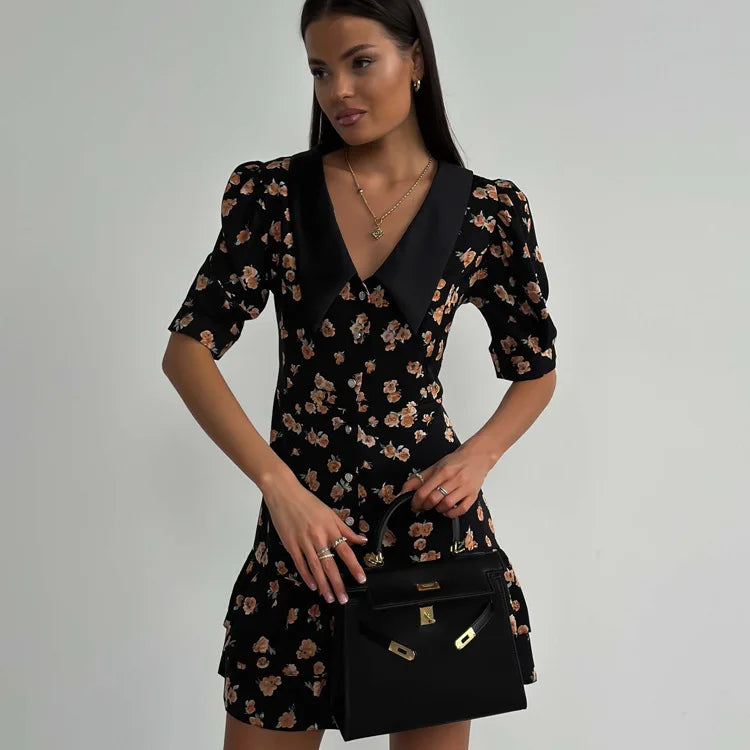 Short Sleeve Floral Mini Dress For Women Robe Turn-down Collar Elegant French Dress Ladies Fashion High Waist Dresses