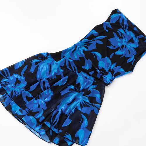 Load image into Gallery viewer, Blue Print Ruffled Sexy Mini Dress For Women Robe Irregular Oblique Shoulder Sleeveless Backless Club Party Dress Beach
