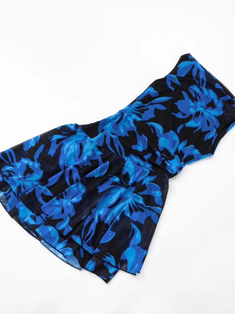 Blue Print Ruffled Sexy Mini Dress For Women Robe Irregular Oblique Shoulder Sleeveless Backless Club Party Dress Beach