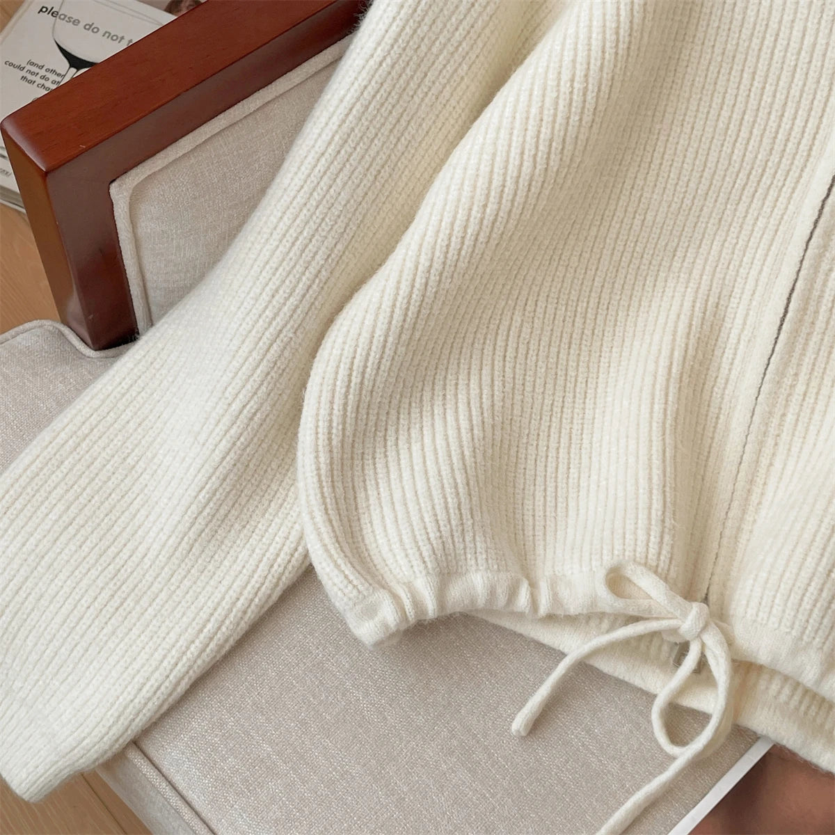 Korean Autumn Winter Beige Grey Long Sleeves Zipper Knit Sweater Women Red Drawstring Round Neck Versatile Short Cardigan Tops