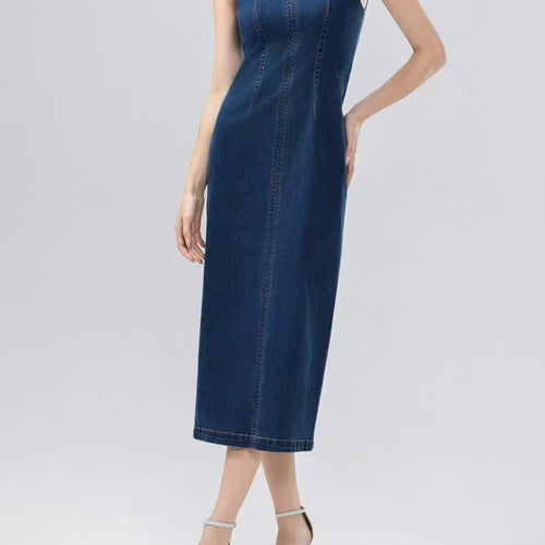 Load image into Gallery viewer, Slimming Hollow Out Minimalsit Dresses for Women Round Neck Sleeveless Temperament Cowboy Dress Female Clothing New
