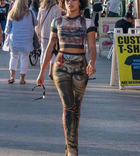 Sexy Vintage Print See Through 2 Piece Set Women Shorts Sleeve Crop Tops+Flare Pants Matching Midnight Fit Club Outfit