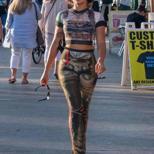 Load image into Gallery viewer, Sexy Vintage Print See Through 2 Piece Set Women Shorts Sleeve Crop Tops+Flare Pants Matching Midnight Fit Club Outfit
