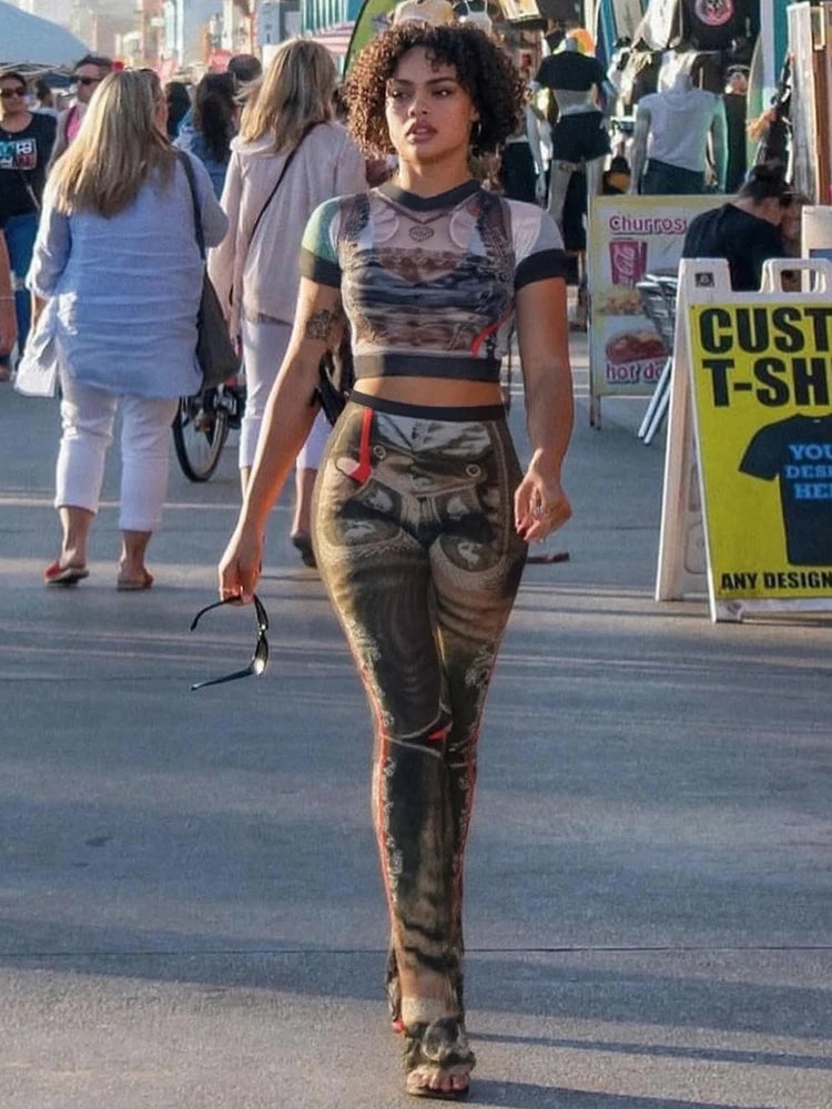 Sexy Vintage Print See Through 2 Piece Set Women Shorts Sleeve Crop Tops+Flare Pants Matching Midnight Fit Club Outfit