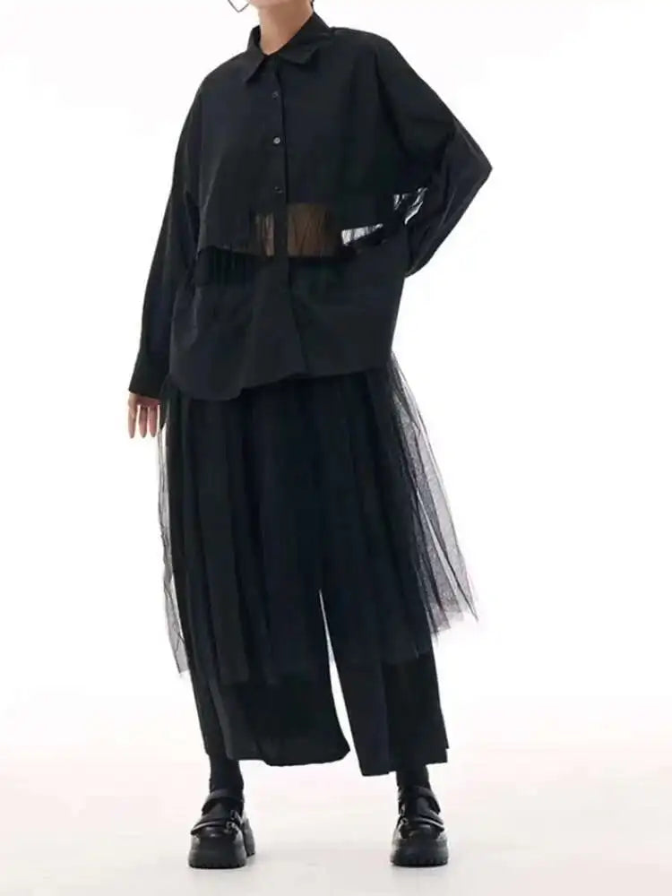 Women Black Mesh Perspective Big Size Midi Shirt Dress New Lapel Long Sleeve Fashion Tide Spring Autumn 2025 1DJ0140