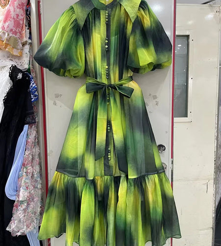 Hit Color Spliced Lace Up Loose Dresses For Womne O Neck Half Sleeve High Waist Long Dress Female Fashion Style New